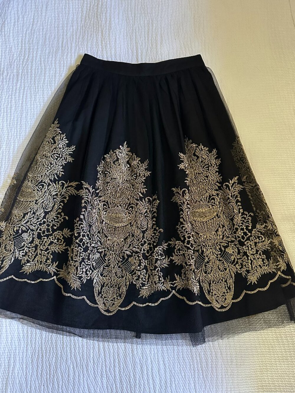 Chelsea & Violet black tulle midi skirt with gold embroidery